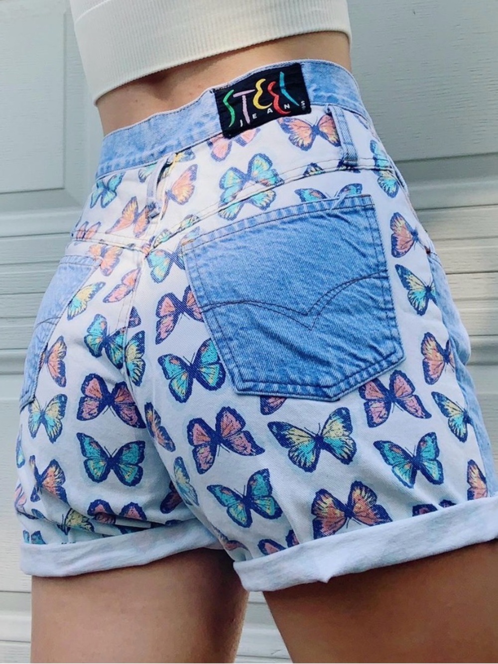 Vintage Steel Jeans Butterfly Denim High Waisted Shorts 27 Y2K 90s